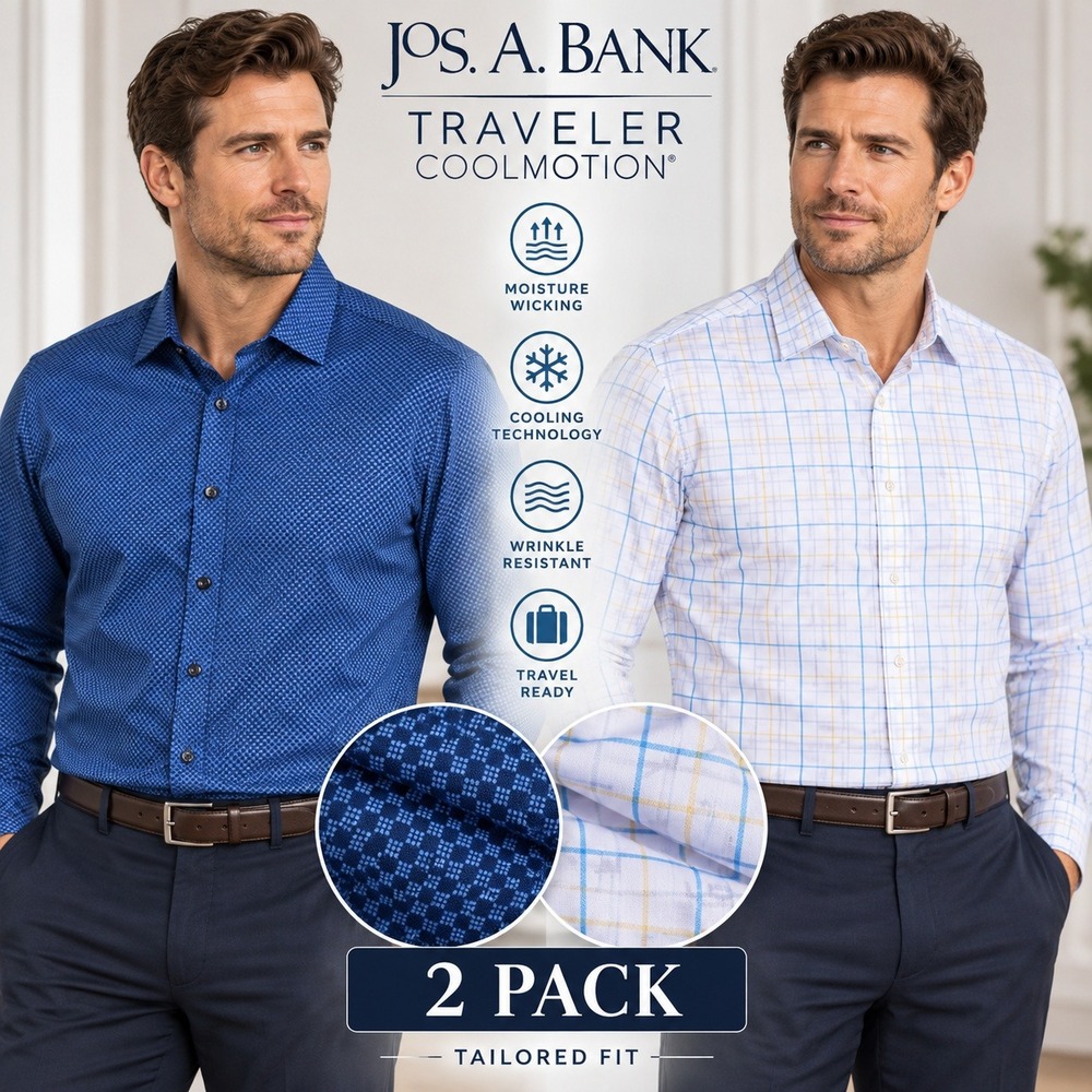 NEW 2 pack Jos A Bank Traveler CoolMotion Mens 2X Blue White Stretch L/S Button